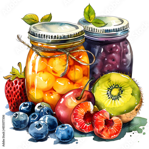 Watercolor illustration of fruit preserves and fresh fruit including strawberries, blueberries, kiwi, and cherries on a white background.
