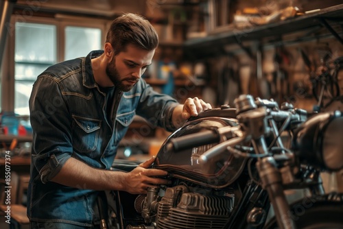 Focused man repairs the engine of his vintage motorcycle in a well-equipped, atmospheric workshop setting