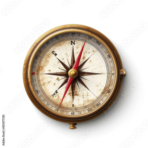 Vintage Brass Compass with Weathered Face and Red Needle Pointing North, Isolated on White Background, Symbolizing Navigation, Exploration, and Adventure in Classic Nautical Style