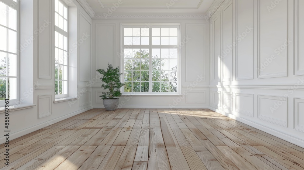 Spacious room with large white window and wooden flooring Spacious room with large white window and wooden flooring