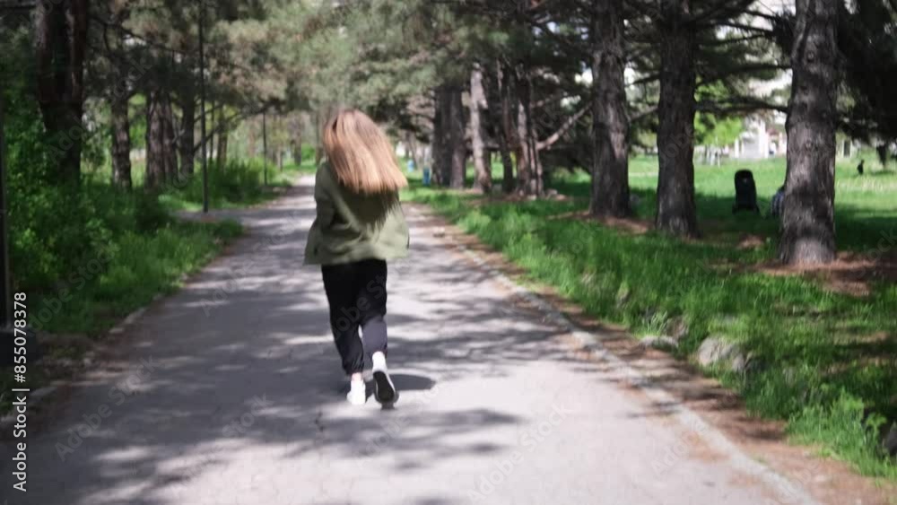 young woman jogs along shaded park path, dressed in green sports bra, olive green jacket, and black pants. She runs through a picturesque setting with trees and greenery on both sides, enjoying sunny young woman jogs along shaded park path, dressed in green sports bra, olive green jacket, and black pants. She runs through a picturesque setting with trees and greenery on both sides, enjoying sunny