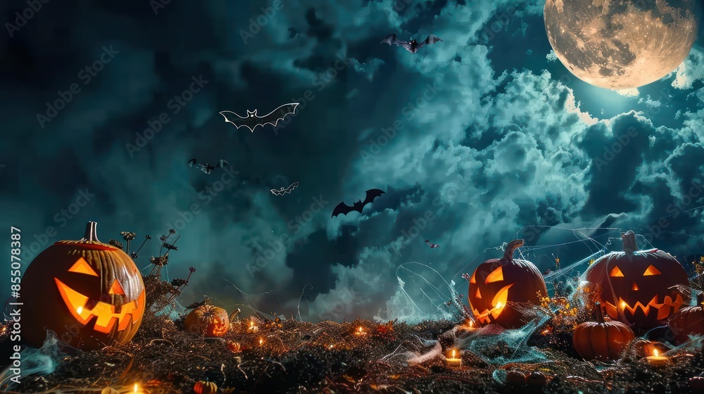 Naklejka premium Halloween Night: A spooky Halloween-themed scene with jack-o'-lanterns, bats, and cobwebs, set against a dark night sky with a full moon peeking through the clouds.