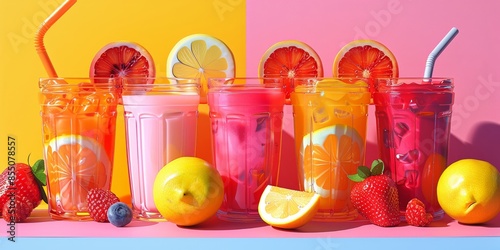 Vibrant Refreshing Drinks with Fresh Fruit in a Colorful Summer Setting photo