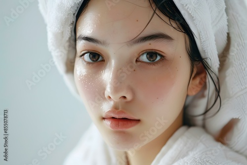 Young woman with towel on head photo