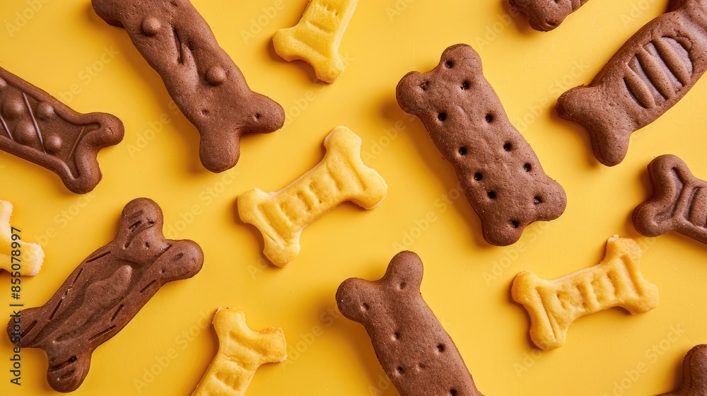 Dog treats displayed on a yellow surface viewed from above Dog treats displayed on a yellow surface viewed from above