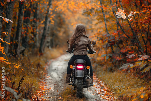 Woman in a leather jacket rides her motorcycle on a serene forest trail surrounded by vibrant autumn foliage