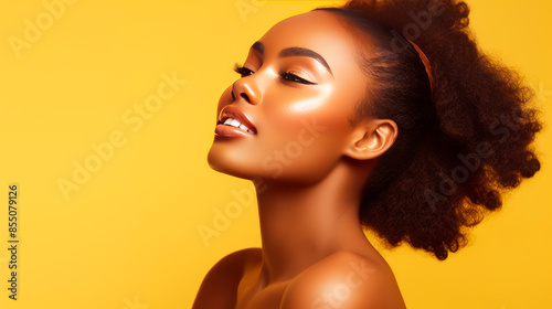 Portrait of a Beautiful, sexy, happy smiling dark-skinned African American woman with perfect skin, on a yellow background, banner.