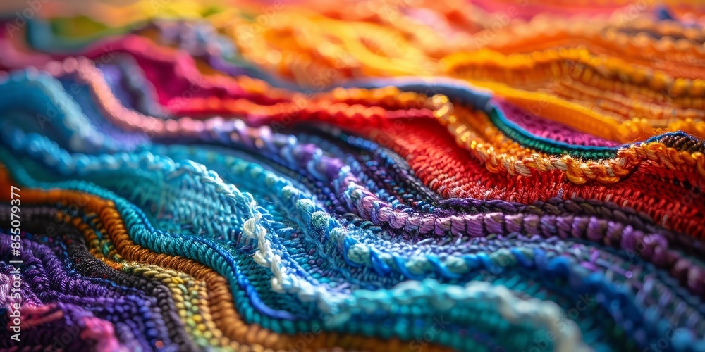 Colorful Crocheted Fabric in Vibrant, Undulating Waves Colorful Crocheted Fabric in Vibrant, Undulating Waves
