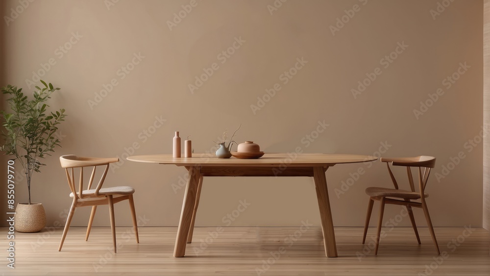 Interior home of dining room with circle wooden dining room table on pastel brown wall copy space, Scandinavian style Interior home of dining room with circle wooden dining room table on pastel brown wall copy space, Scandinavian style
