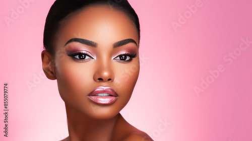 Portrait of a Beautiful, sexy, happy smiling dark-skinned African American woman with perfect skin, on a pink background, banner.