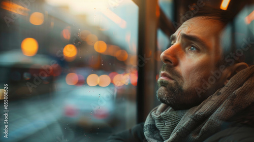 A man lost in thought, looking at the city passing by from a bus window, blurred background, with copy space 