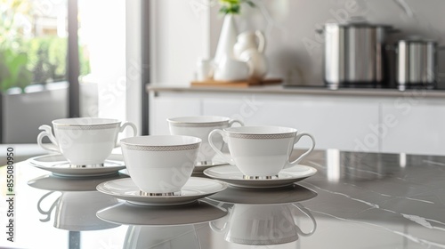 Wallpaper Mural White Teacups and Saucers on Marble Table. Torontodigital.ca