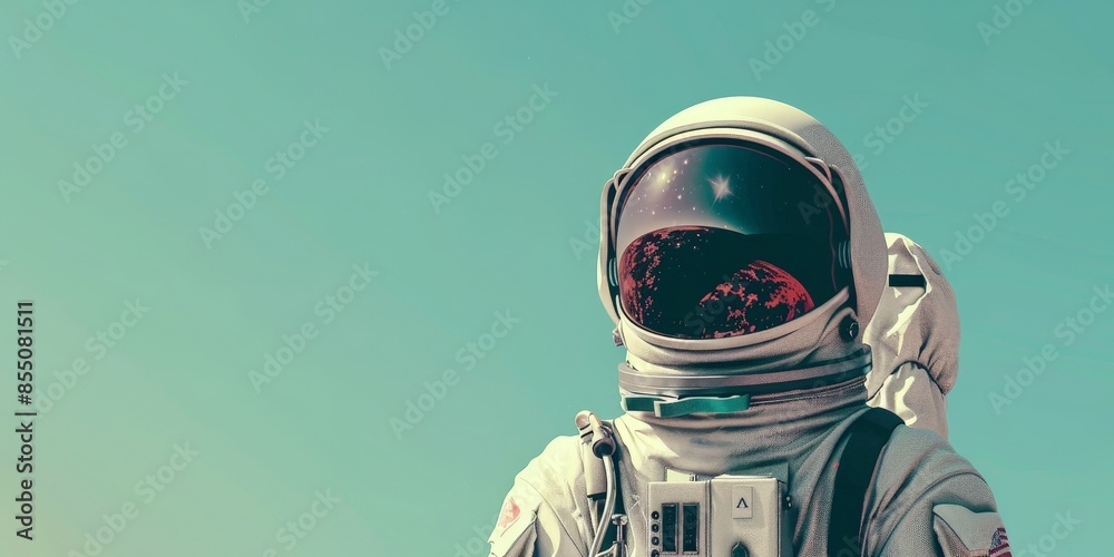 Astronaut in spacesuit with fishbowl helmet against blue background Astronaut in spacesuit with fishbowl helmet against blue background