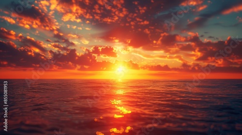 A beautiful sunset over the ocean with the sun reflecting on the water