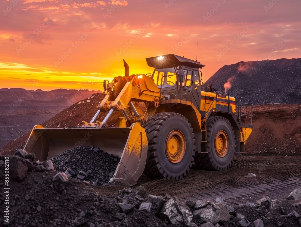 Industrial Bulldozer Working at Dusk Moving Piles of Coal Heavy Machinery in Coal Mine at Sunset. Industrial Bulldozer Working at Dusk Moving Piles of Coal Heavy Machinery in Coal Mine at Sunset.