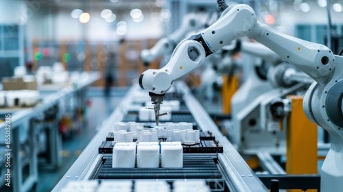 Cutting-edge smart factory utilizes robotic arms and AI technology for precise assembly of products on a high-speed production line. Created with Generative AI. © RealizeXL
