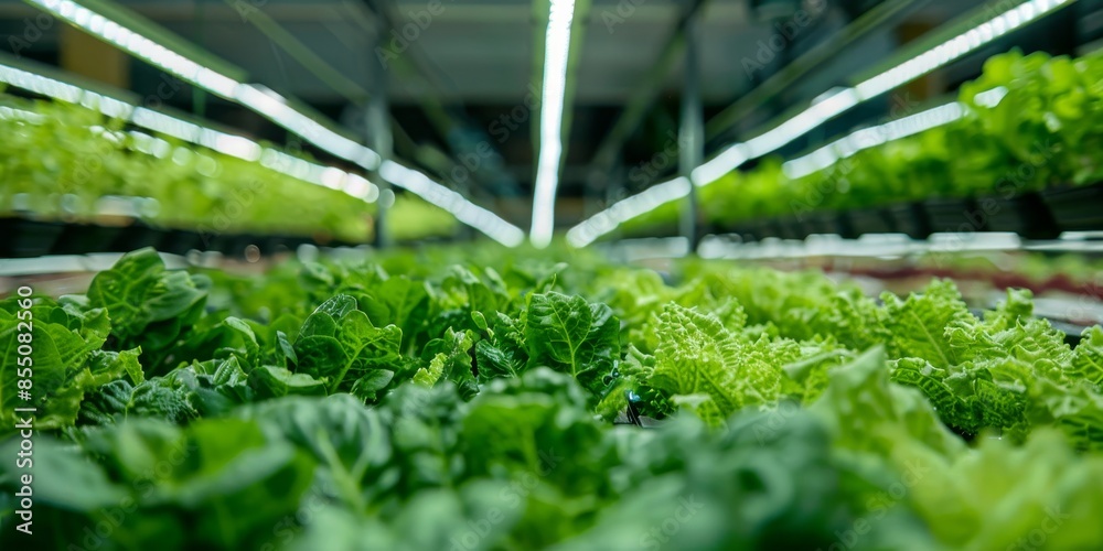 Green leaf vegetable growing in greenhouse lit by led lights Green leaf vegetable growing in greenhouse lit by led lights