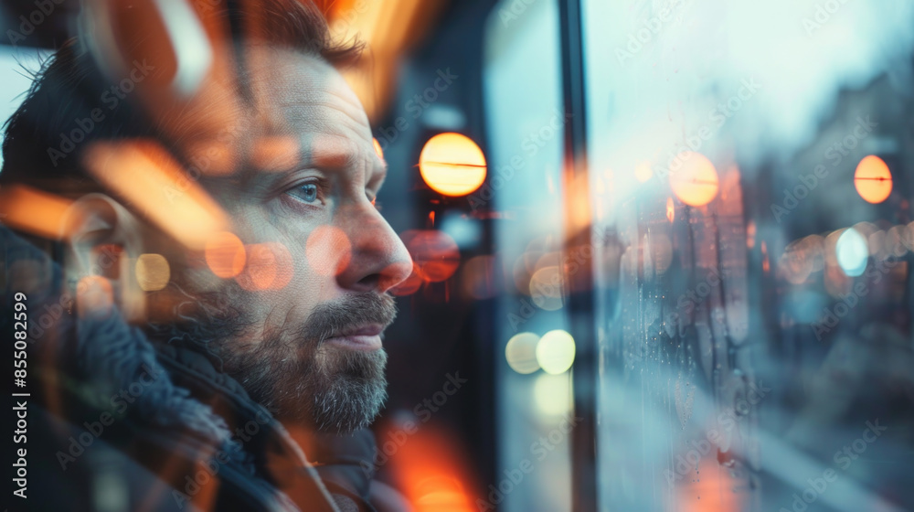 A man lost in thought, looking at the city passing by from a bus window, blurred background, with copy space A man lost in thought, looking at the city passing by from a bus window, blurred background, with copy space