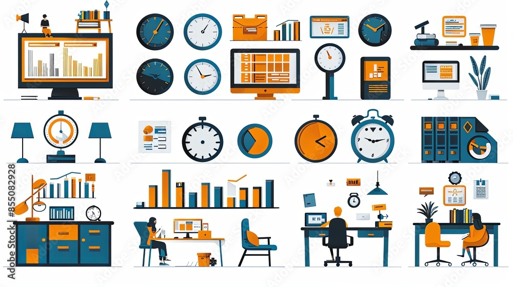 Set of time management scenes isolated on white background. Vector illustration of flat characters planning daily business activity schedule, making list of to-do tasks, keeping track of time at work Set of time management scenes isolated on white background. Vector illustration of flat characters planning daily business activity schedule, making list of to-do tasks, keeping track of time at work