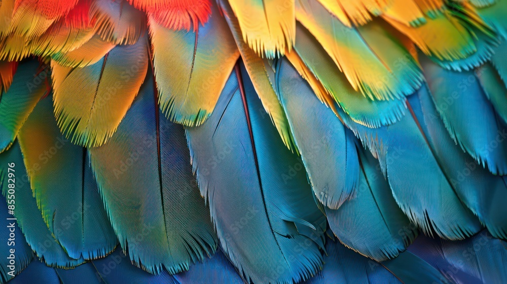 Colorful of Scarlet macaw bird's feathers with red yellow orange and blue shades, exotic nature background and texture Colorful of Scarlet macaw bird's feathers with red yellow orange and blue shades, exotic nature background and texture