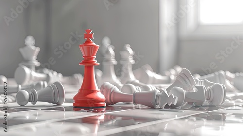 a red chess piece standing victoriously on the board, surrounded by fallen white pieces, with a light gray and blurry background.
