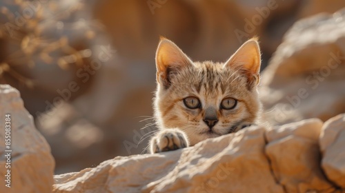 Close-up of a Sand-Colored Arabian Sand Cat Enjoying Its Surroundings © Bionic