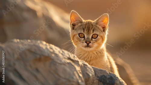 Close-up of a Sand-Colored Arabian Sand Cat with Piercing Eyes photo