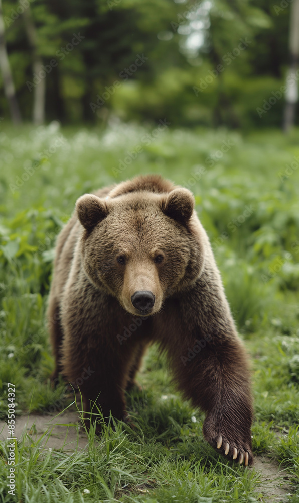 foto lindo urso russo andando na grama verde. fundo da natureza.