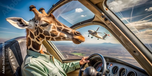 A Giraffe In A Pilot'S Uniform Is Driving A Convertible While A Helicopter Is Flying In The Sky Next To It. photo