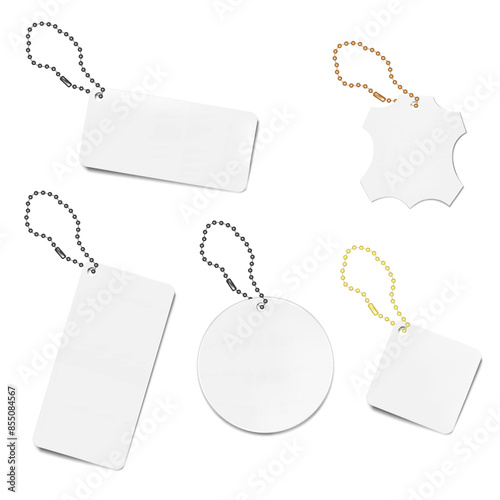 Blank clothing label on chain. Realistic vector mock-up set. White price tag with hanging metal ball string. Mockup. Easy to edit. Template for design