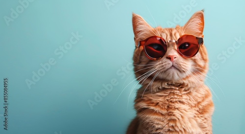 Cool Cat Wearing Sunglasses Against a Blue Background © olegganko