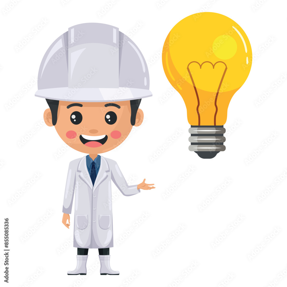 Quality control supervisor with a giant light bulb. Food industry engineer. Creative concept for the generation of ideas. Chief food safety engineer. Science, technology and safety in food production