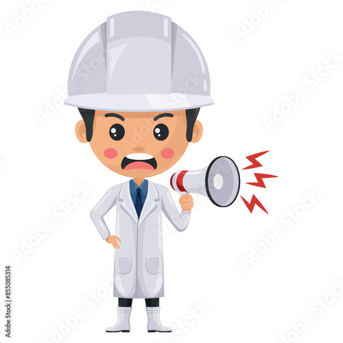 Angry quality control supervisor production line making an announcement with a megaphone. Food industry engineer. Chief food safety. Science, technology and safety in food production and processing