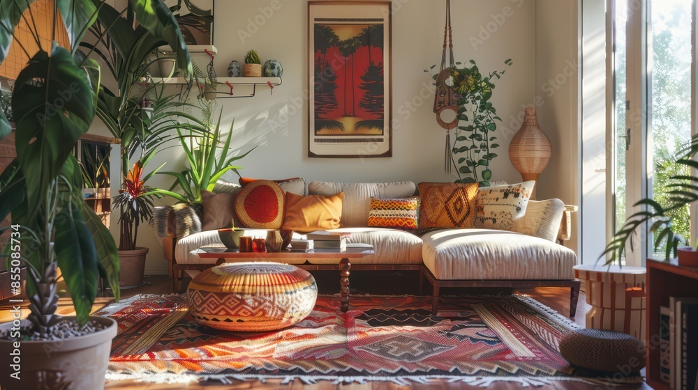 Modern interior of open space with design modular sofa, furniture, wooden coffee tables, plaid, pillows, tropical plants and elegant personal accessories in stylish home decor. Neutral living room. Modern interior of open space with design modular sofa, furniture, wooden coffee tables, plaid, pillows, tropical plants and elegant personal accessories in stylish home decor. Neutral living room.