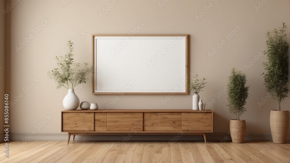 Interior home of living room with blank frame poster mock up and wooden sideboard on pastel brown wall copy space Interior home of living room with blank frame poster mock up and wooden sideboard on pastel brown wall copy space