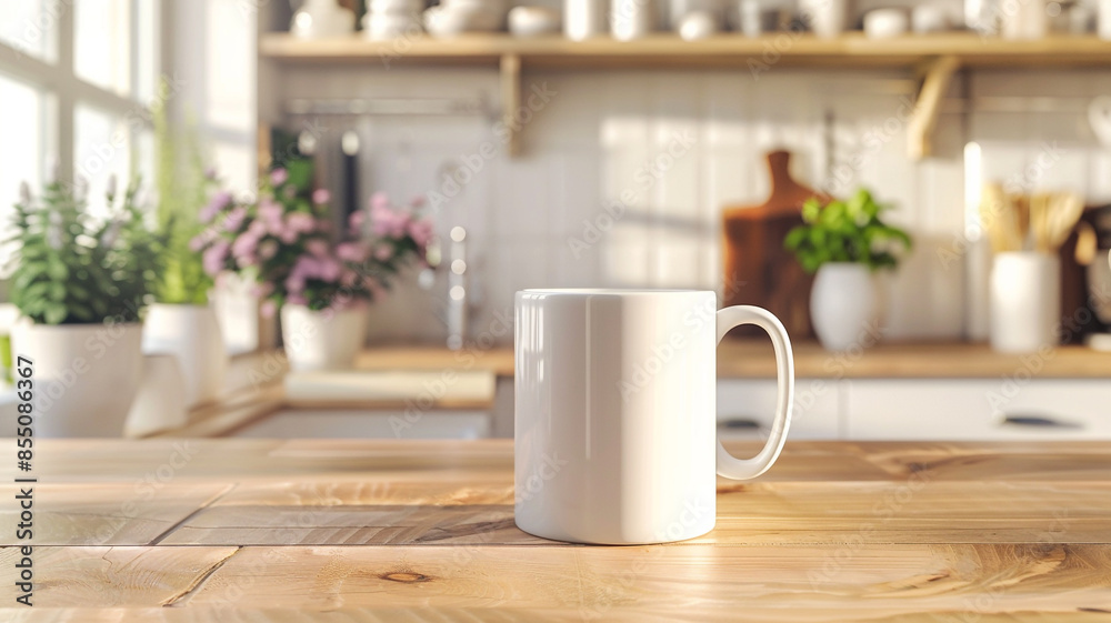 white mug in kitchen room. - mockup. white mug in kitchen room. - mockup.
