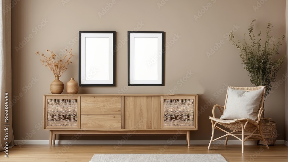 Interior home of living room with blank frame poster mock up and wooden sideboard on pastel brown wall copy space Interior home of living room with blank frame poster mock up and wooden sideboard on pastel brown wall copy space