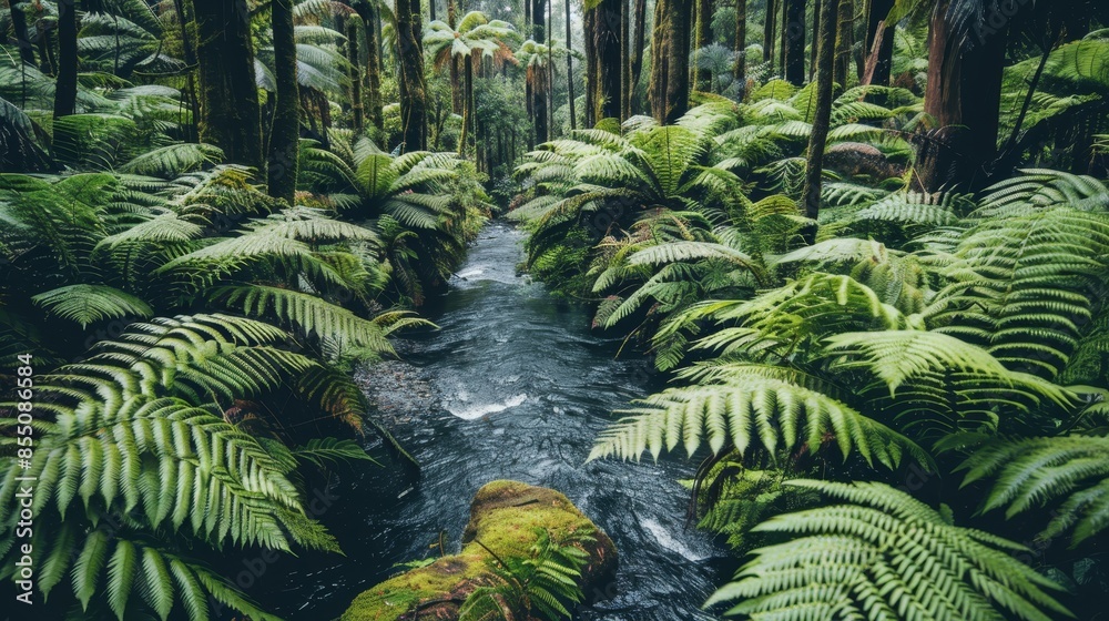 Obraz premium Tranquil jungle river reflecting lush greenery in serene setting with dense foliage