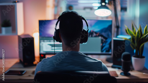 A person fascinated by podcasts creates digital content without leaving home. Using audio recording and editing equipment in his home studio, he produces interesting programs.