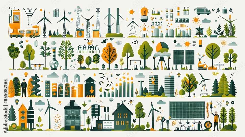 Set of renewable energy engineers and energy illustrations. Flat vector illustrations of renewable energy work, analysis, control, renewable energy development, energy research, energy education Set of renewable energy engineers and energy illustrations. Flat vector illustrations of renewable energy work, analysis, control, renewable energy development, energy research, energy education