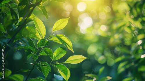 Sunlight filters through lush green leaves, creating a tranquil bokeh effect.