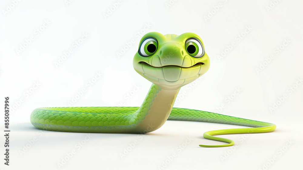 Fototapeta premium 3d cartoon illustration of green snake isolated looking at camera