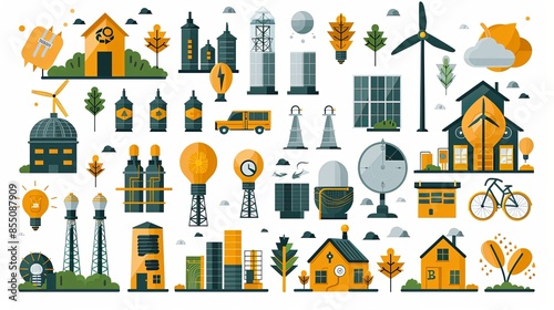 Set of renewable energy engineers and energy illustrations. Flat vector illustrations of renewable energy work, analysis, control, renewable energy development, energy research, energy education photo