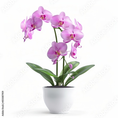 A Orchid in a white pot, no shadow, isolated on white background 