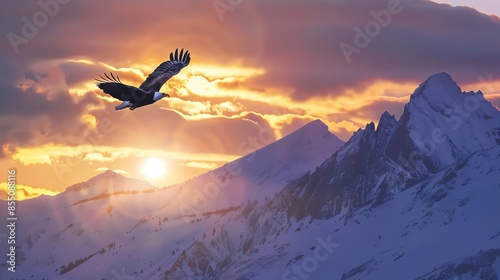Bald eagle soaring over Colorados Rocky Mountains, focus on, copy space, vibrant sunrise, Double exposure silhouette with snowcapped peaks photo