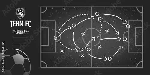 Black Chalkboard with soccer game tactic. Vector illustration. coach instruction Soccer team formation and tactic. Sport infographics element design template.