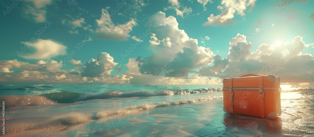 Fototapeta premium Orange suitcase on a beach at sunset with ocean waves. Travel and vacation concept. Banner with copy space