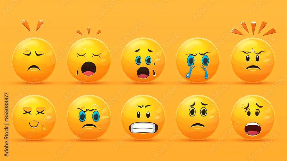 Colorful set of emoticons displaying various facial expressions on a bright orange background. Ideal for social media and communication apps. Colorful set of emoticons displaying various facial expressions on a bright orange background. Ideal for social media and communication apps.