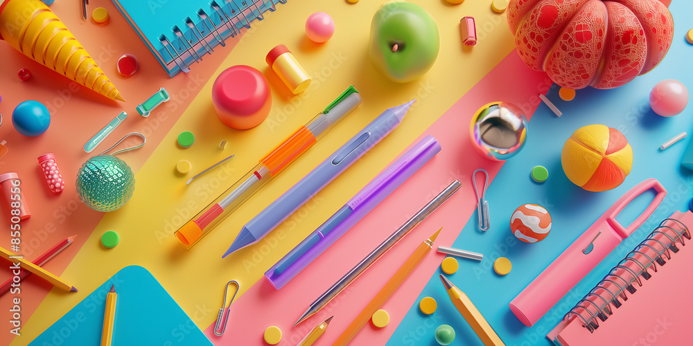 Lebendiges Banner zum Schulanfang mit einer Reihe farbenfroher Materialien Lebendiges Banner zum Schulanfang mit einer Reihe farbenfroher Materialien