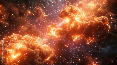 From below shot of wonderful vivid fireworks exploding on background of black night sky